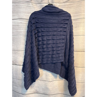 Navy Blue Textured Knit Poncho With Cowl Neckline O/S