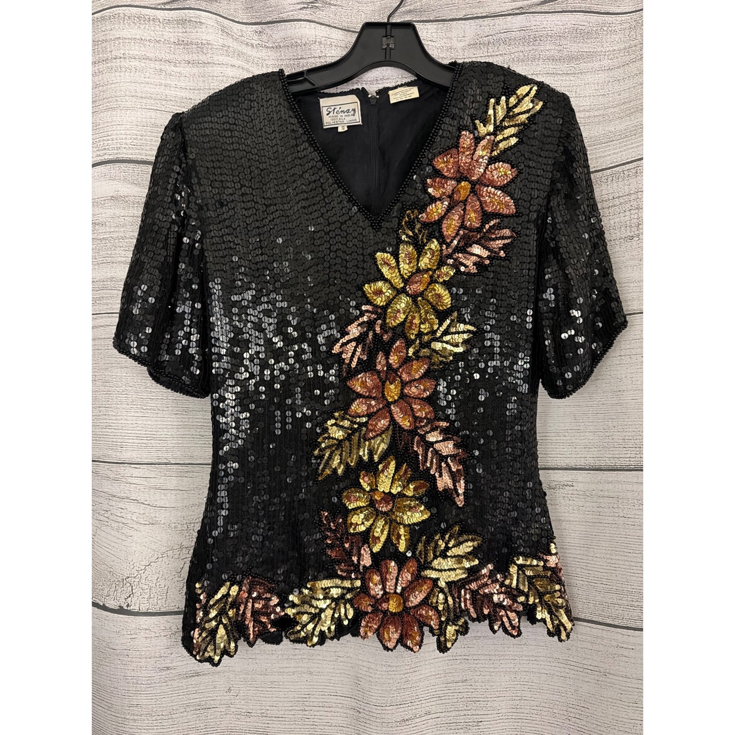 Vintage Stenay Black Sequin Floral Beaded Short Sleeve Top S