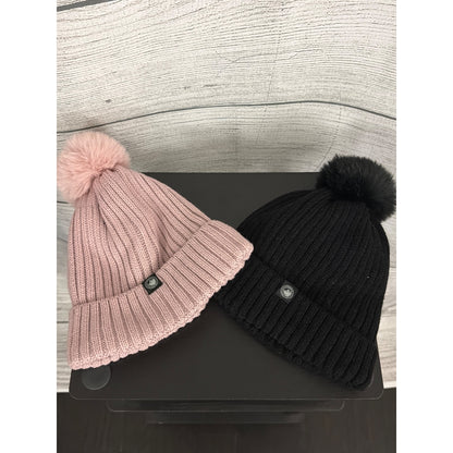 Canadian Weather Gear Two Knit Beanies With Faux Fur Pom-Poms