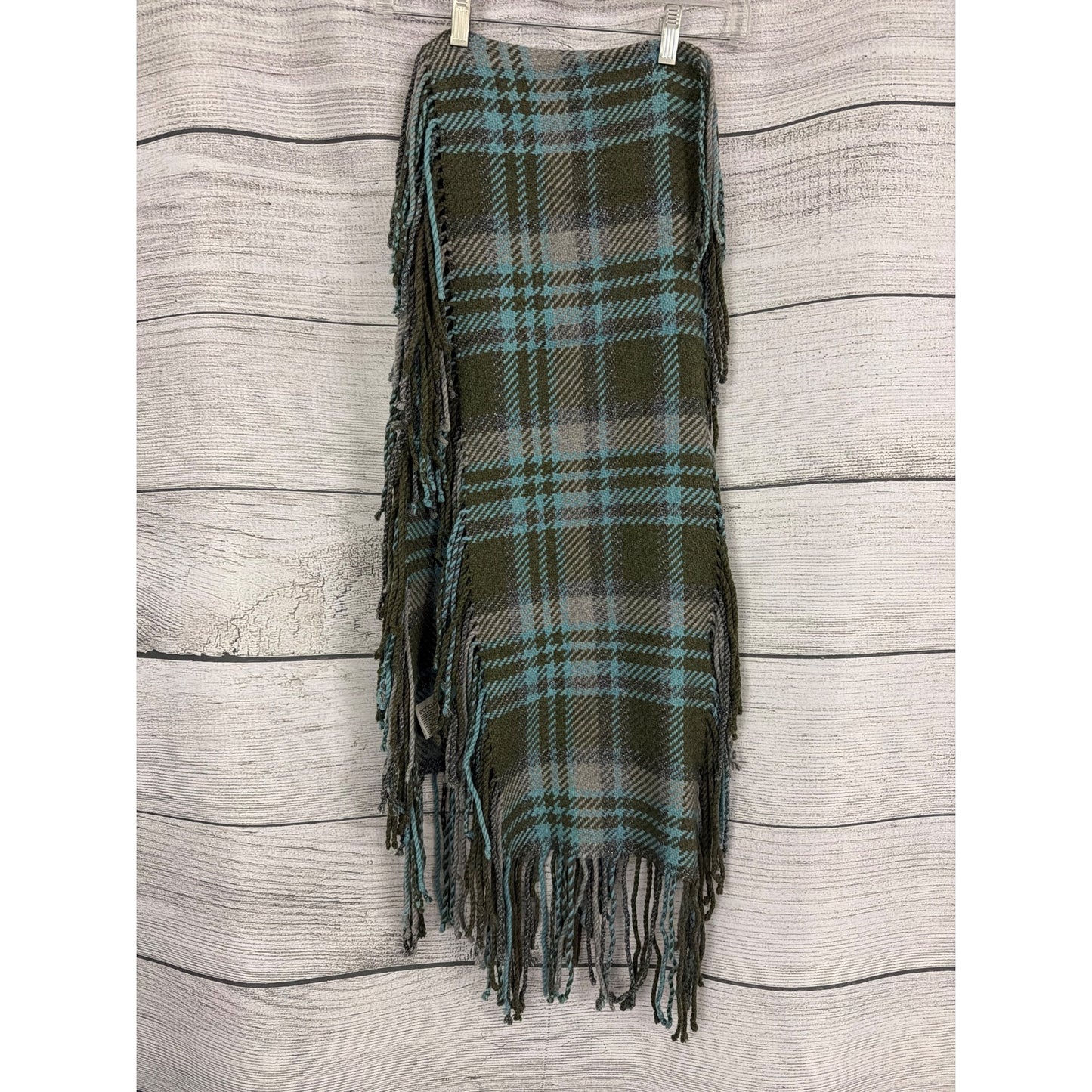 Echo Plaid Fringe Green & Blue Metallic Wool Blend Wrap Shawl Scarf