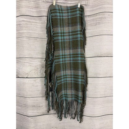Echo Plaid Fringe Green & Blue Metallic Wool Blend Wrap Shawl Scarf