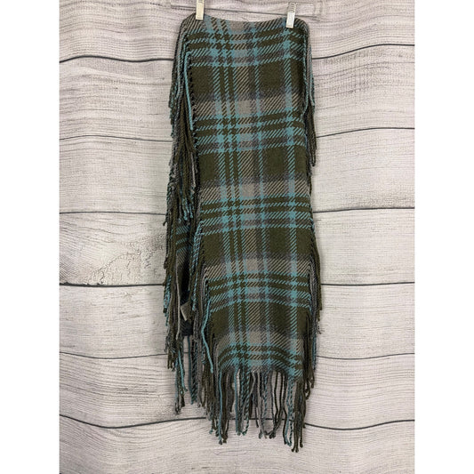 Echo Plaid Fringe Green & Blue Metallic Wool Blend Wrap Shawl Scarf