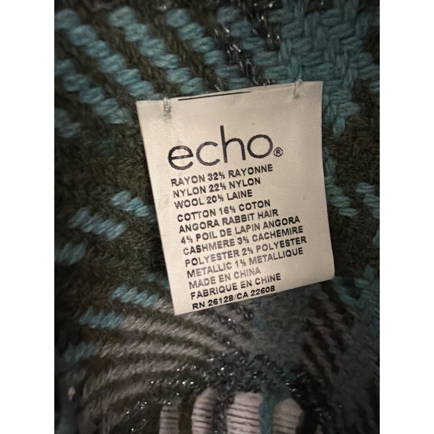 Echo Plaid Fringe Green & Blue Metallic Wool Blend Wrap Shawl Scarf