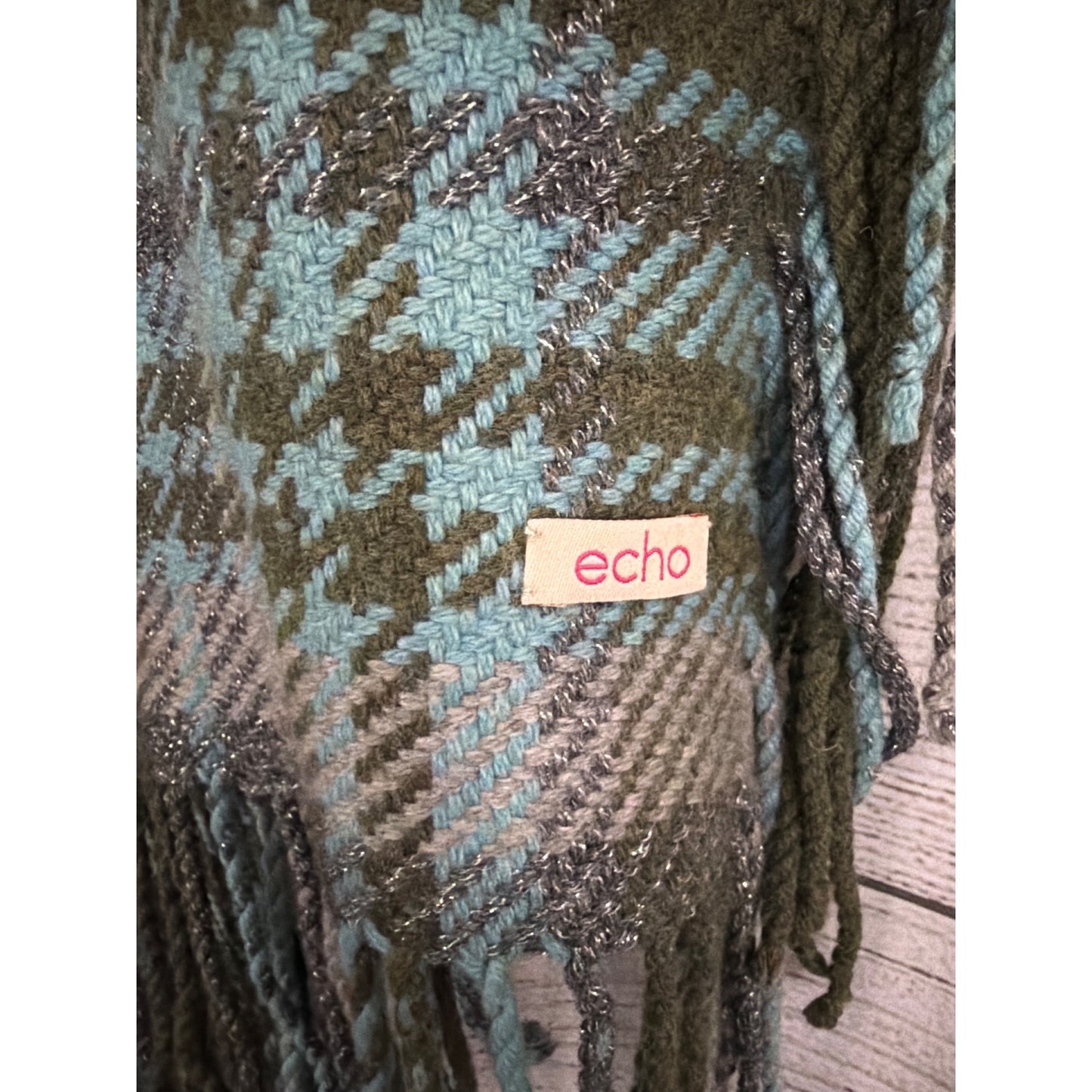 Echo Plaid Fringe Green & Blue Metallic Wool Blend Wrap Shawl Scarf