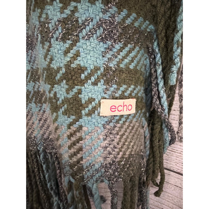 Echo Plaid Fringe Green & Blue Metallic Wool Blend Wrap Shawl Scarf