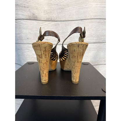 Guess Brown Cork Wedge Heeled Sandals With Adjustable Strap & Studded Detail Size 8.5