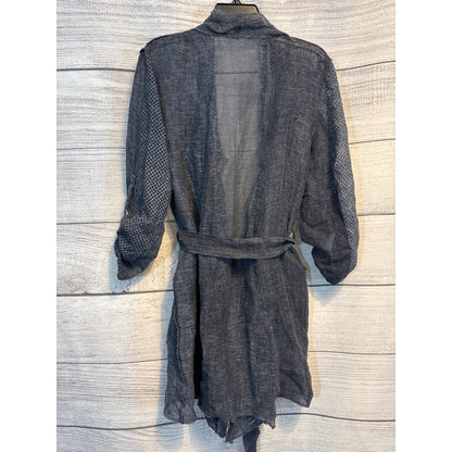 Elie Tahari Sheer Linen Long Cardigan With Textured Pockets & Belt