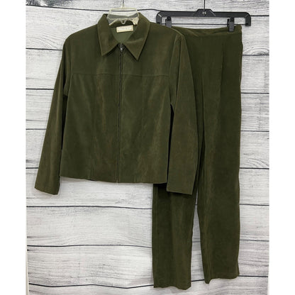 Studio Works Olive Green Suede Two-Piece Pant Suit, Size Medium