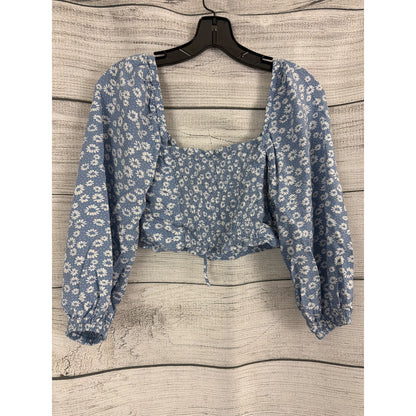 Wild Fable Blue Daisy Print Puff Sleeve Cropped Top With Peep Hole Size S