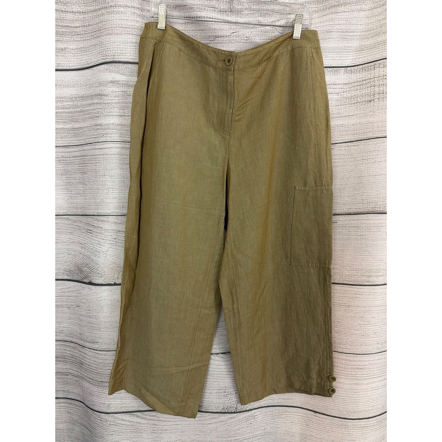 NWT Eileen Fisher Petite Olive Green Linen Wide Leg Pants Size PL