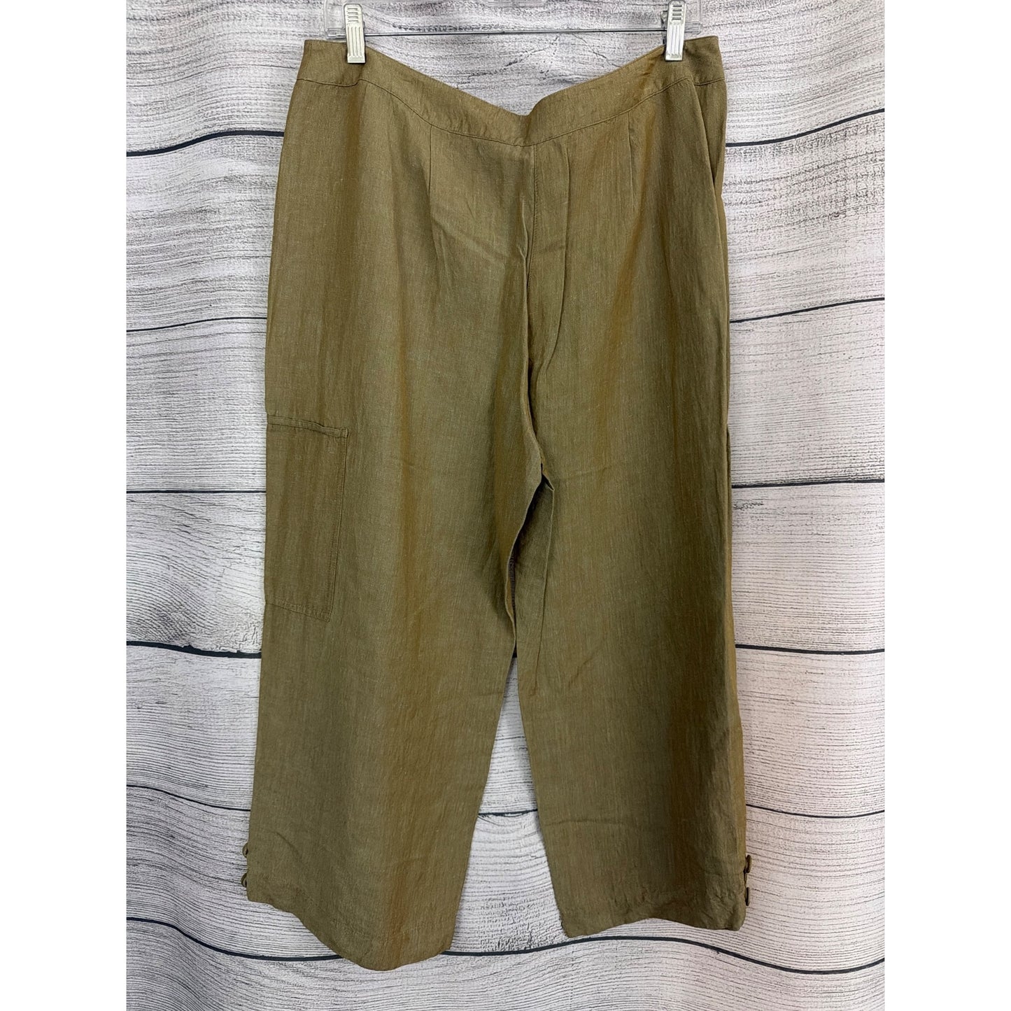 NWT Eileen Fisher Petite Olive Green Linen Wide Leg Pants Size PL
