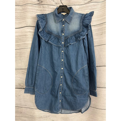 Pilcro Long-Sleeve Ruffled Denim Mini Shirt Dress Size XS