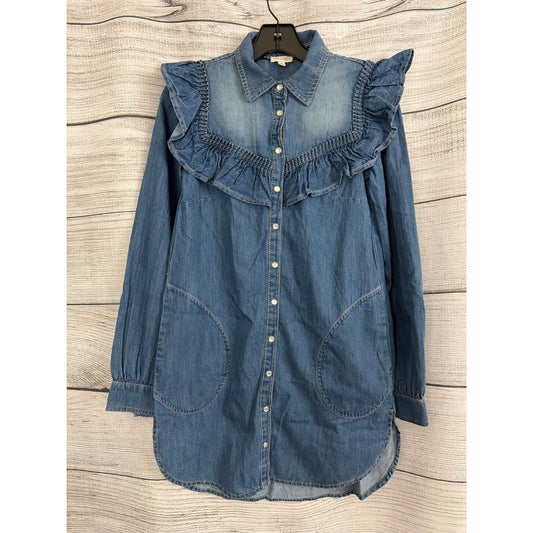 Pilcro Long-Sleeve Ruffled Denim Mini Shirt Dress Size XS