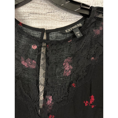 Express Black & Red Floral Lace Long Sleeve Mini Dress Size M