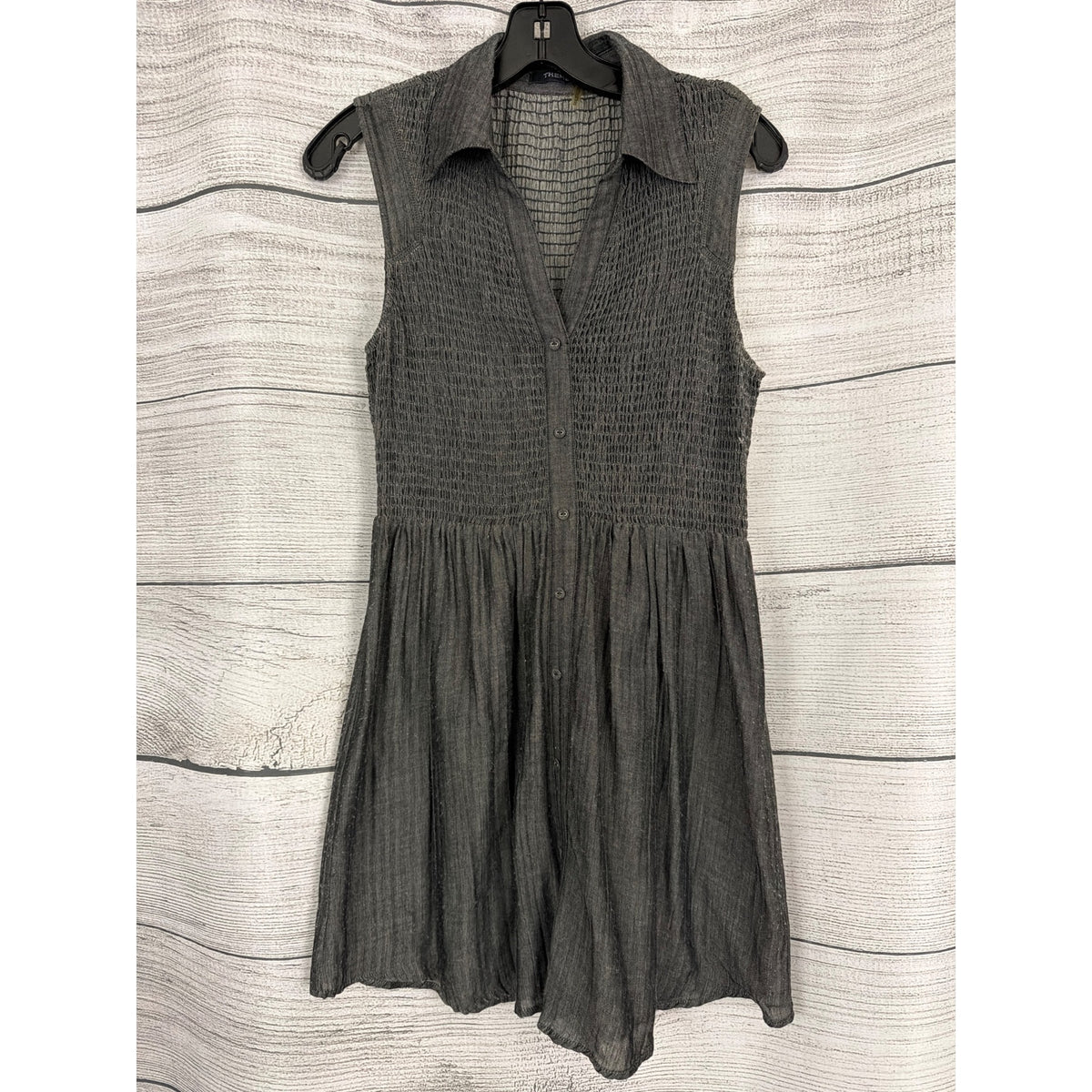 Theme Sleeveless Smocked Gray Button-Down Dress Size S