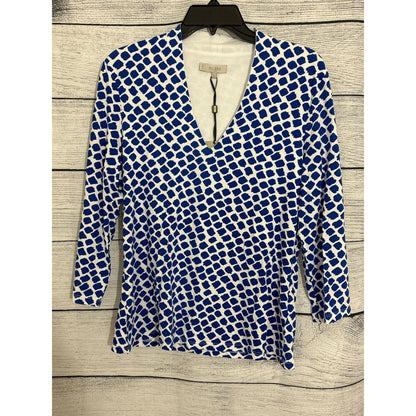 NWT Hobbs London V-Neck Blue & White Geometric Pattern Top Size L