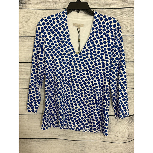 NWT Hobbs London V-Neck Blue & White Geometric Pattern Top Size L