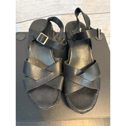 Korks Black Leather Platform Sandals With Ankle Strap & Buckles Size 8