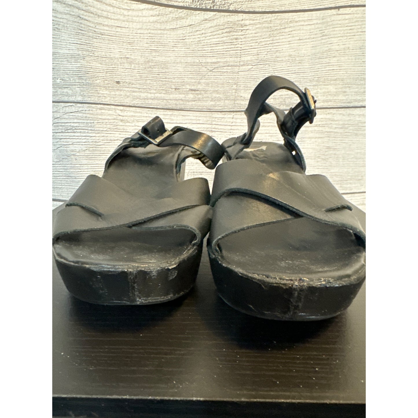 Korks Black Leather Platform Sandals With Ankle Strap & Buckles Size 8