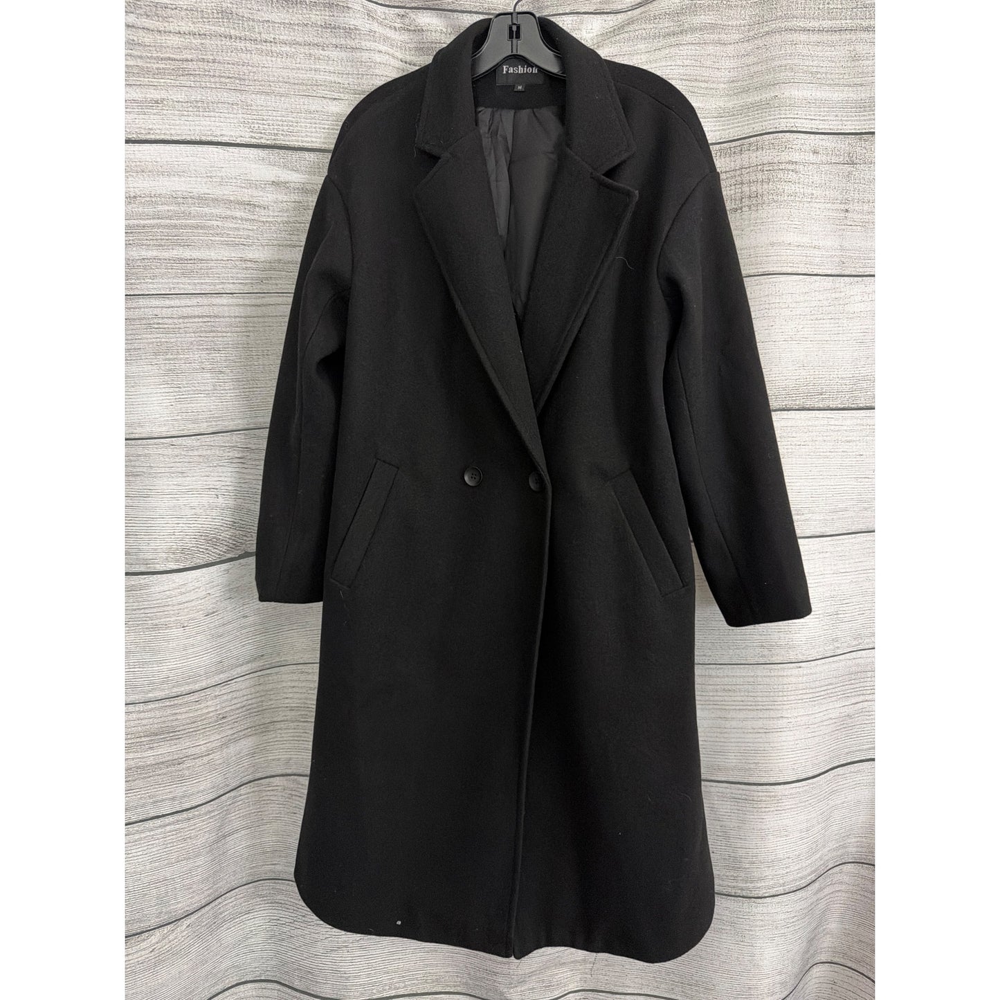 Fashion Black Wool-Blend Double-Breasted Coat Size M