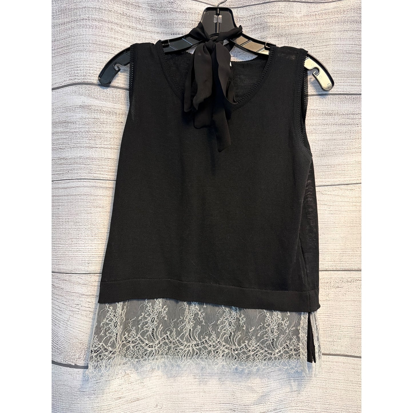 Margon Black Knit Top With Lace Hem & Button Tie Neck Size 42