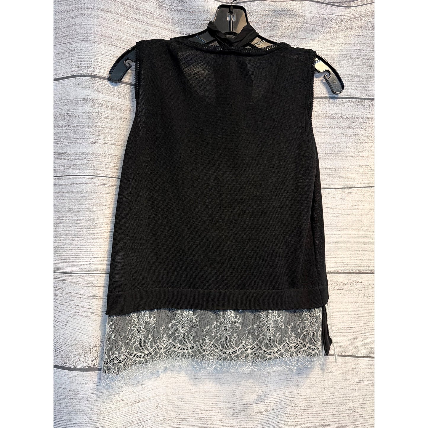 Margon Black Knit Top With Lace Hem & Button Tie Neck Size 42