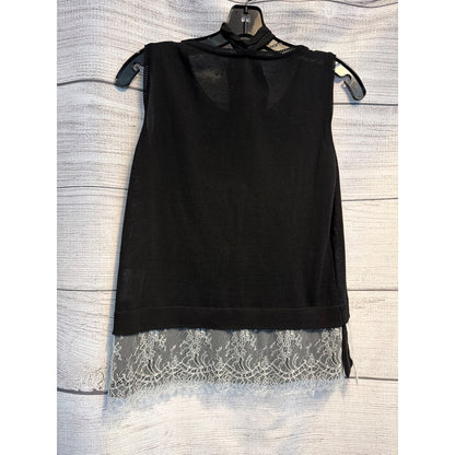 Margon Black Knit Top With Lace Hem & Button Tie Neck Size 42