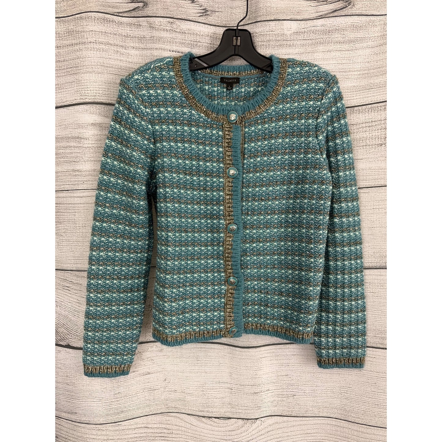 NWT Talbots Blue & Tan Button Front Knit Cardigan Sweater Size S