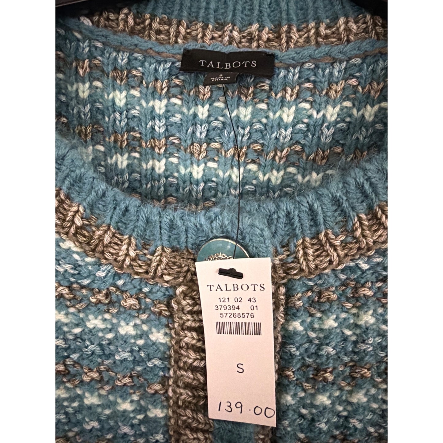 NWT Talbots Blue & Tan Button Front Knit Cardigan Sweater Size S