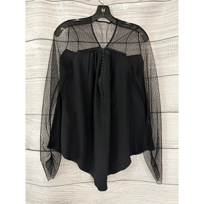 BCBG Sheer Button-Front Blouse With Polka Dot Sheer Netted Sleeves Size M