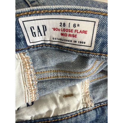 Gap 90s Loose Flare Mid Rise Distressed Light Wash Denim Size 28/6