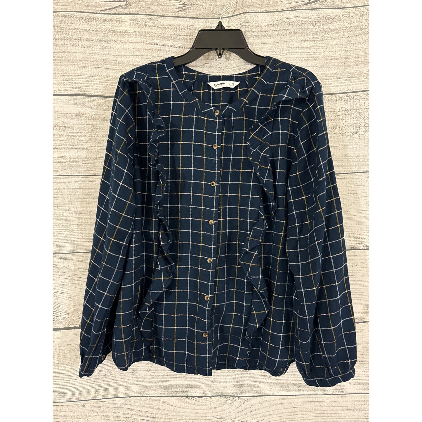 SonomaPlaid Button-Up Blouse With Ruffle Details Size XL