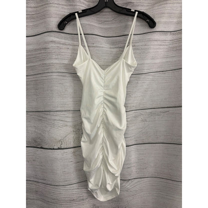 Ruched White Bodycon Dress With Spaghetti Straps & Open Back Size XS