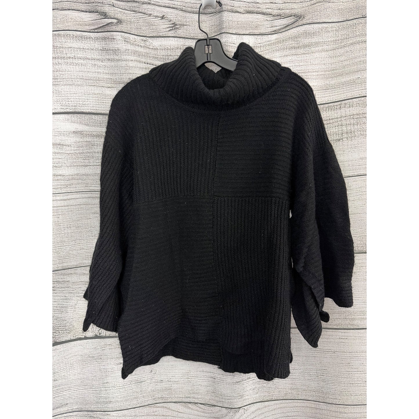 Black Wool Blend Patchwork Sweater With Bell Sleeves & Turtleneck