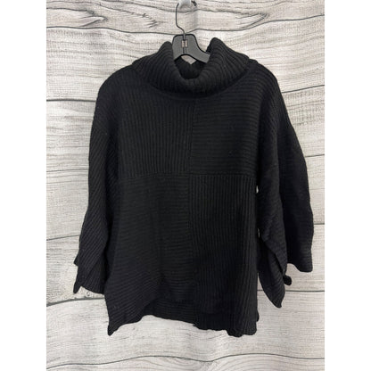 Black Wool Blend Patchwork Sweater With Bell Sleeves & Turtleneck