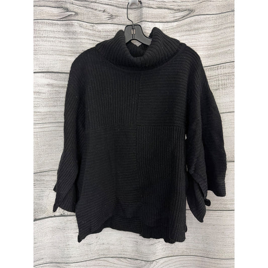 Black Wool Blend Patchwork Sweater With Bell Sleeves & Turtleneck
