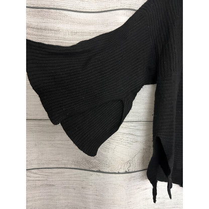 Black Wool Blend Patchwork Sweater With Bell Sleeves & Turtleneck