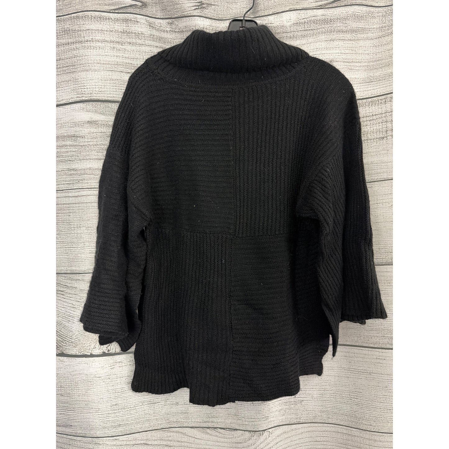 Black Wool Blend Patchwork Sweater With Bell Sleeves & Turtleneck