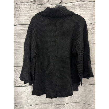 Black Wool Blend Patchwork Sweater With Bell Sleeves & Turtleneck