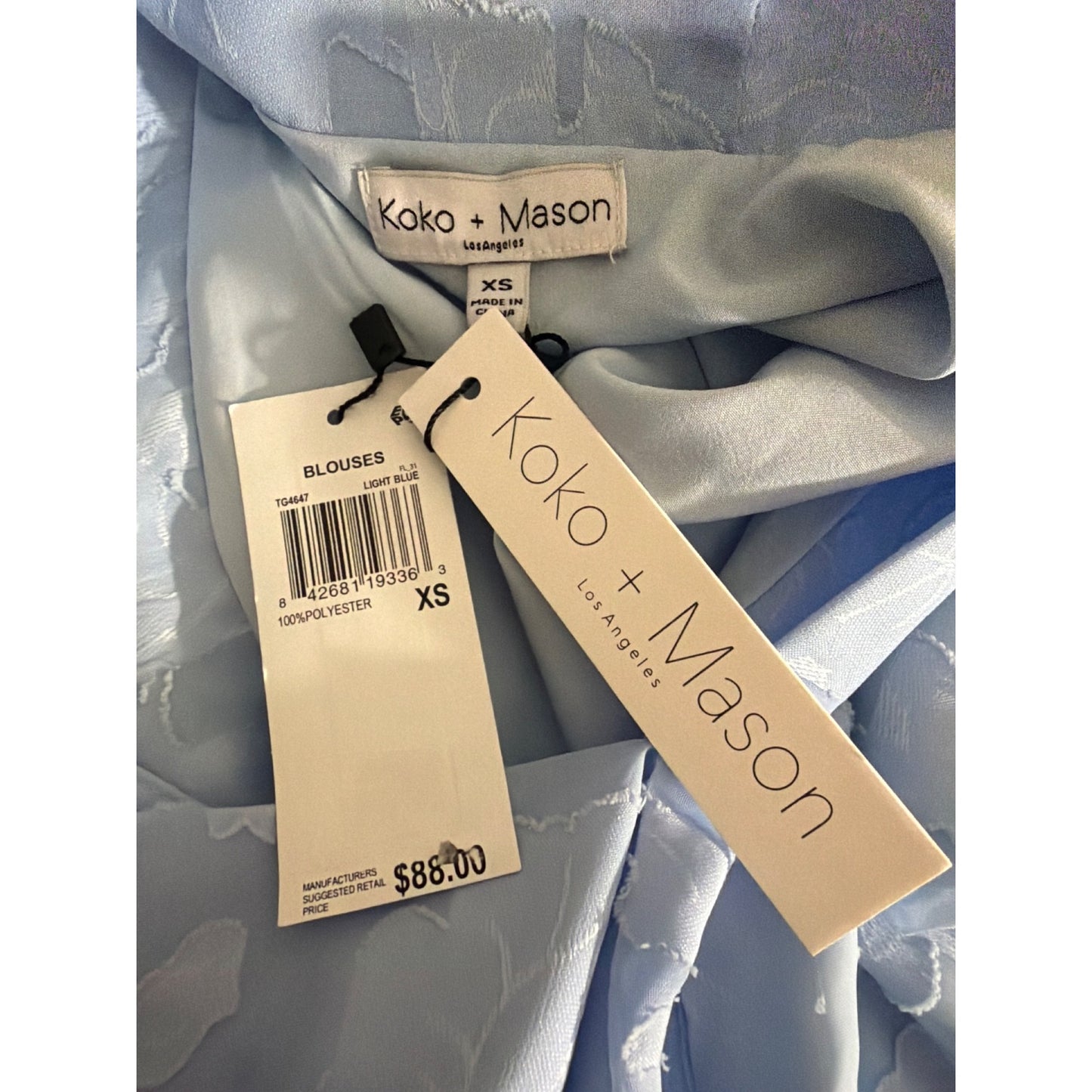NWT Koko + Mason Light Blue Floral Textured V-Neck Blouse Size XS