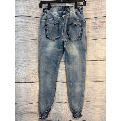 Blue Denim Jogger Pants With Elastic Waist & Cuffed Ankles Size M