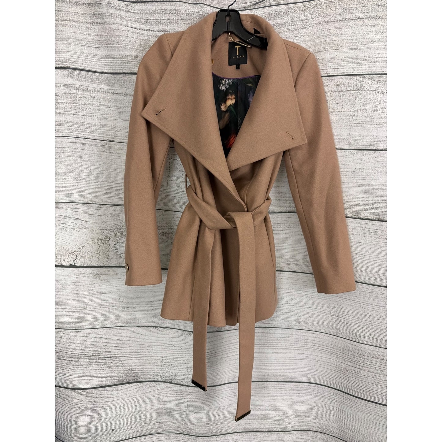 Ted Baker London Rytaa Belted Camel Wrap Coat With Floral Lining Size 1/4/S