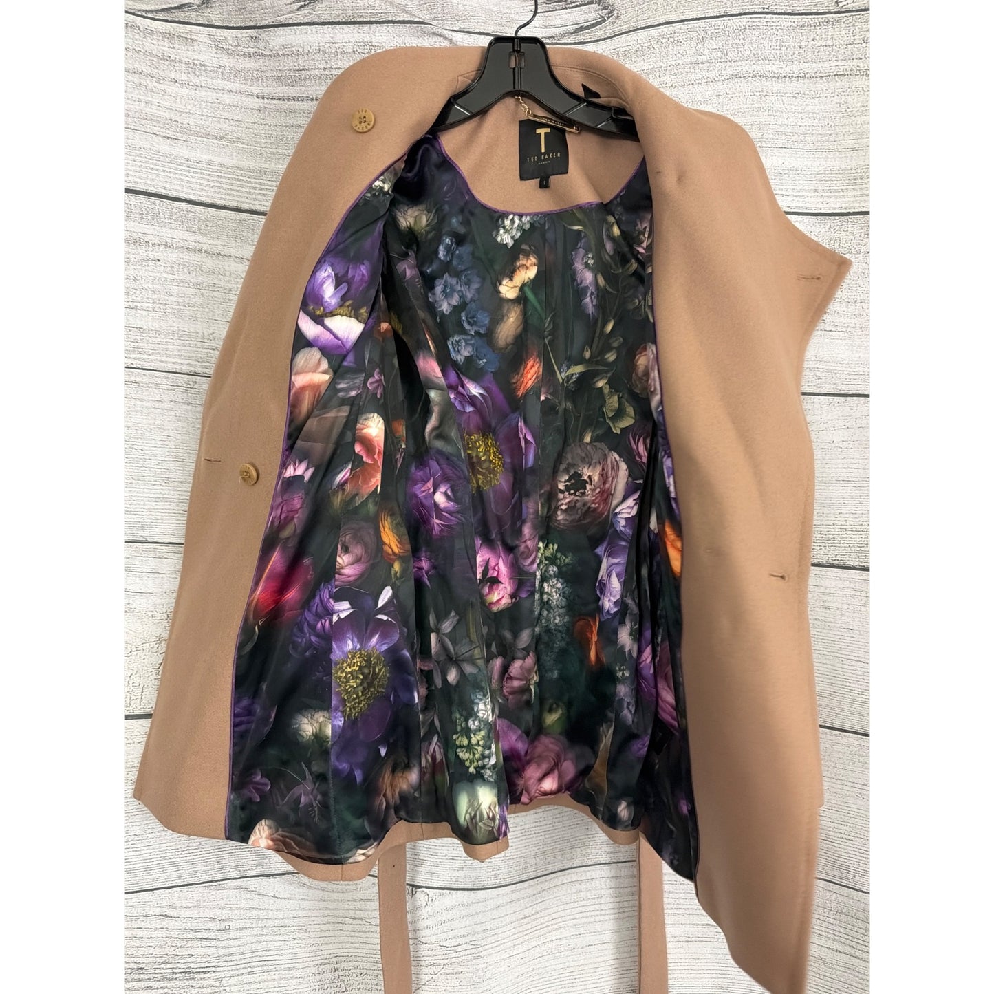Ted Baker London Rytaa Belted Camel Wrap Coat With Floral Lining Size 1/4/S