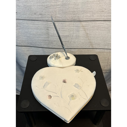 Heart-Shaped Wedding Guest Book & Pen Set With Floral Embroidery For Memorable Occasions