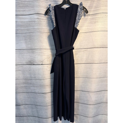 Eliza J Navy Sleeveless Jumpsuit With Ruffle Details & Tie Waist Size 10
