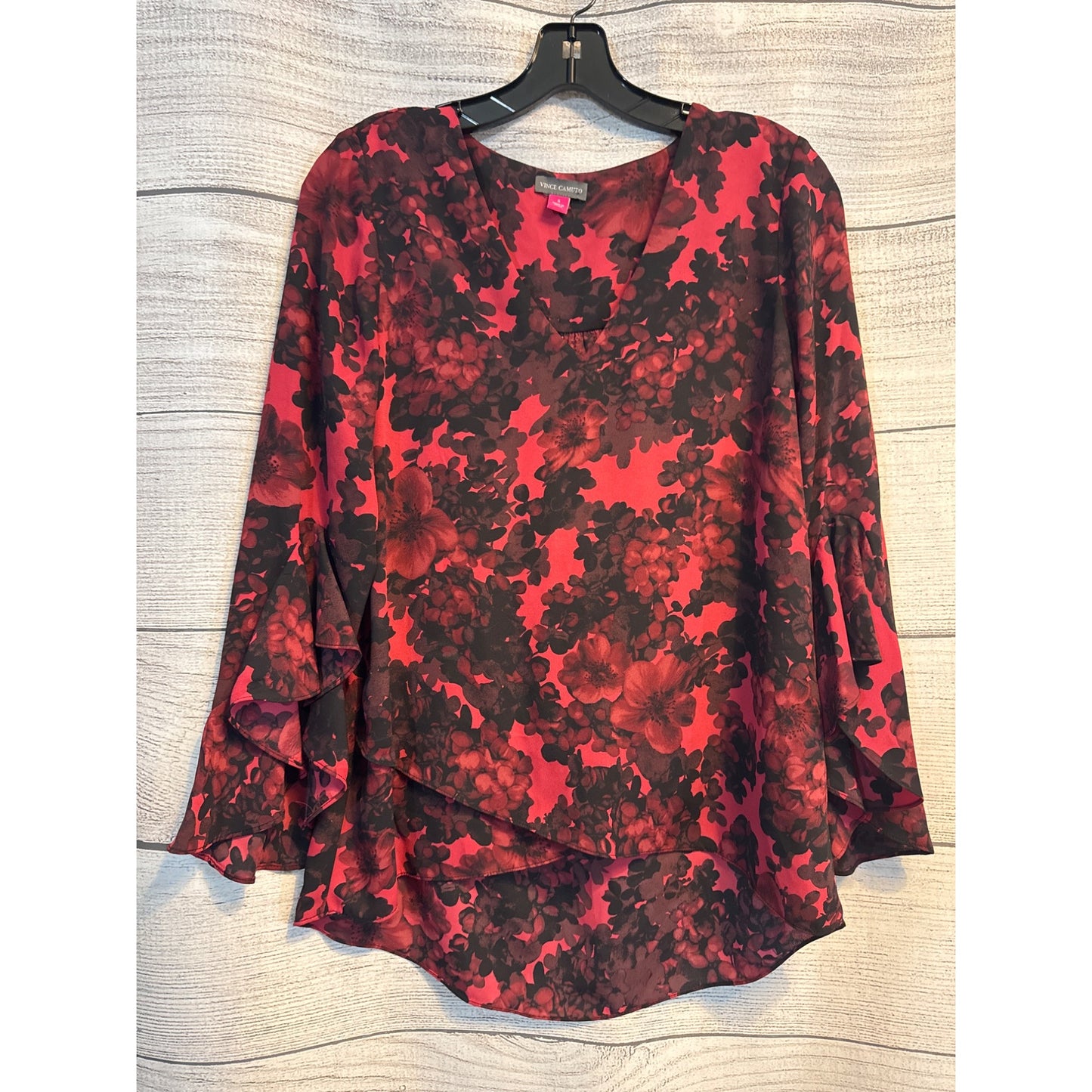 Vince Camuto Red & Black Floral Bell Sleeve Blouse V-Neck Layered Ruffle Top Size S