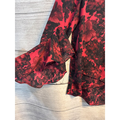 Vince Camuto Red & Black Floral Bell Sleeve Blouse V-Neck Layered Ruffle Top Size S