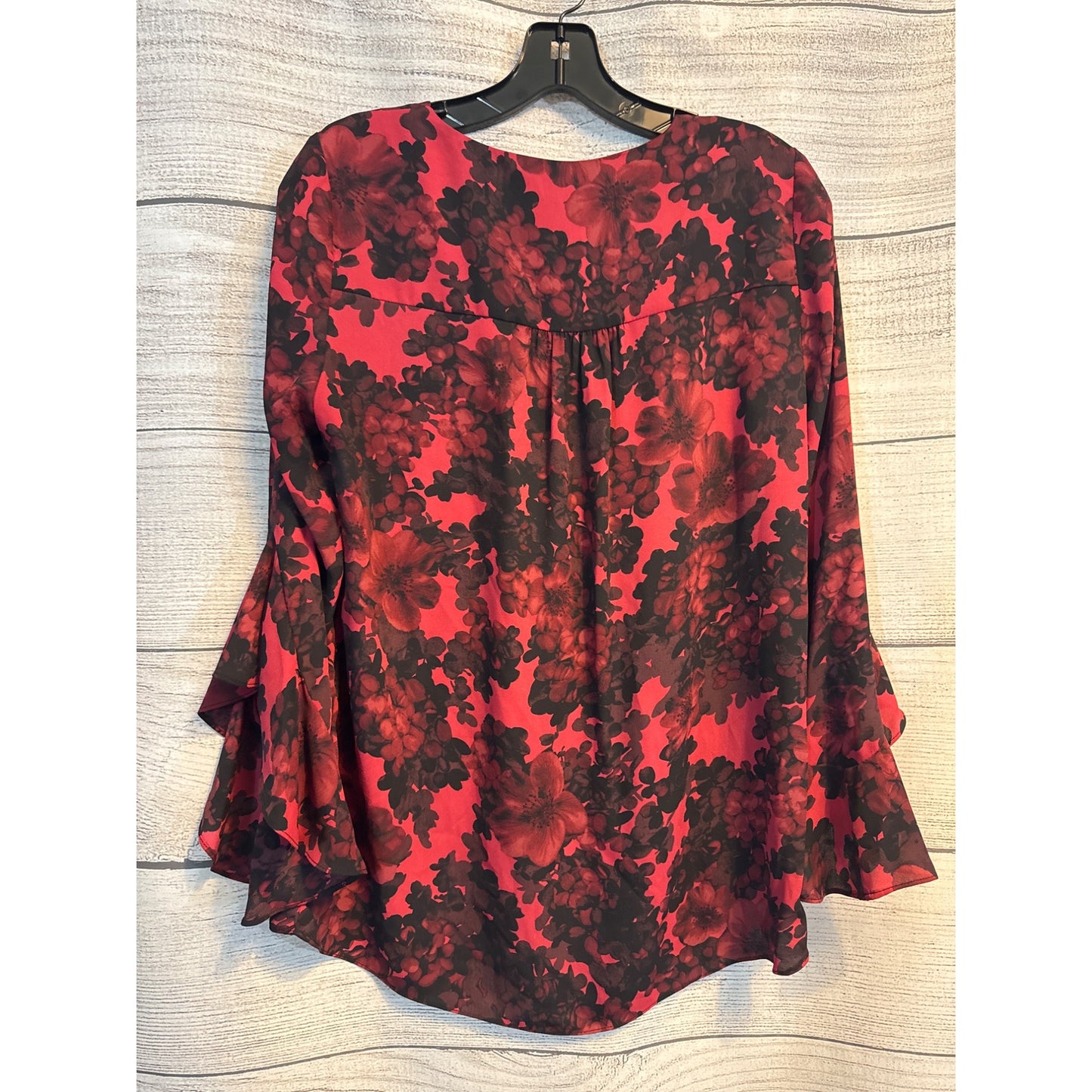 Vince Camuto Red & Black Floral Bell Sleeve Blouse V-Neck Layered Ruffle Top Size S