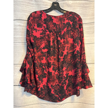 Vince Camuto Red & Black Floral Bell Sleeve Blouse V-Neck Layered Ruffle Top Size S