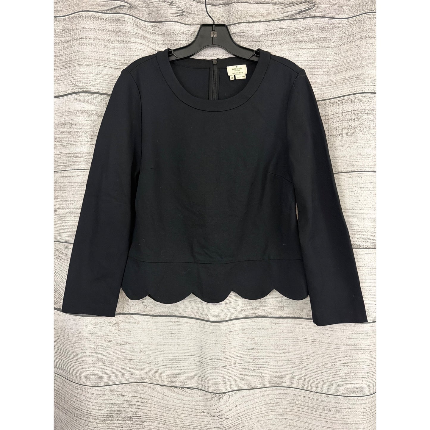 Kate Spade New York Black Scallop Hem Long Sleeve Zip Back Top Size 10